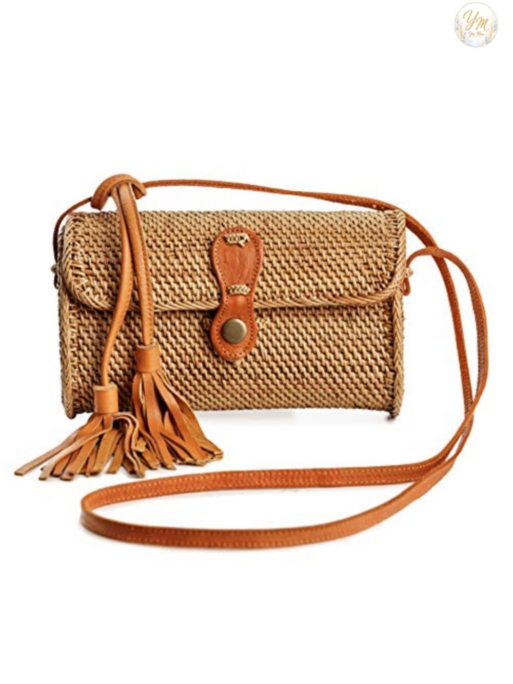 Handmade Rattan Tassel Bag for Women - Woven Straw Purse, Leather Strap,